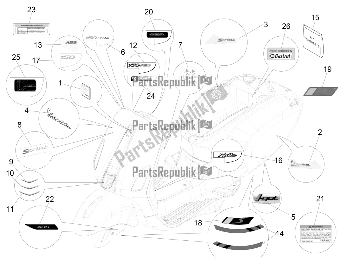 Toutes les pièces pour le Plaques - Emblèmes du Vespa Sprint 150 Iget Abs/no ABS Apac 2017