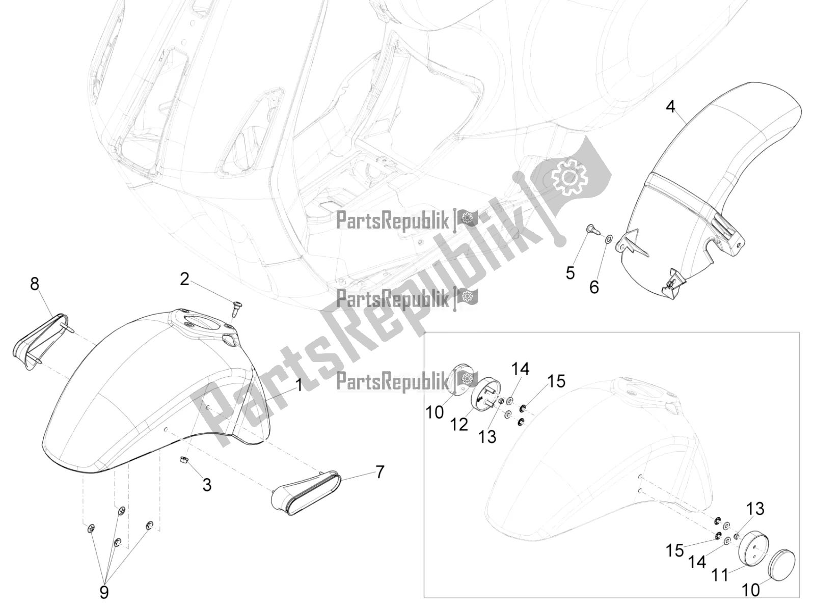 All parts for the Wheel Huosing - Mudguard of the Vespa Sprint 150 Iget Abs/no ABS Apac 2017