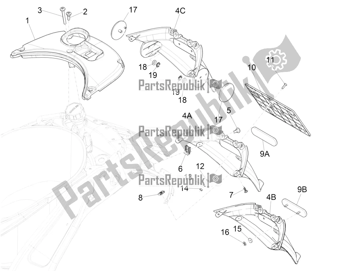 Todas as partes de Tampa Traseira - Proteção Contra Respingos do Vespa Sprint 150 Iget Abs/no ABS Apac 2018