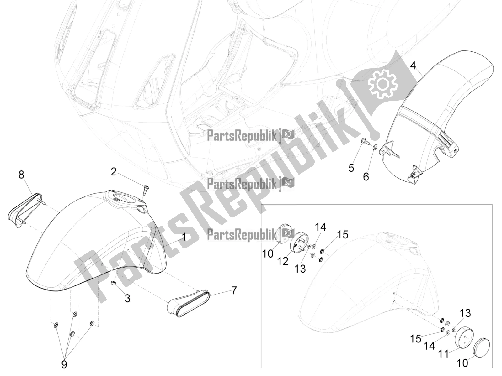 Tutte le parti per il Passaruota - Parafango del Vespa Sprint 150 Iget Abs/no ABS Apac 2018