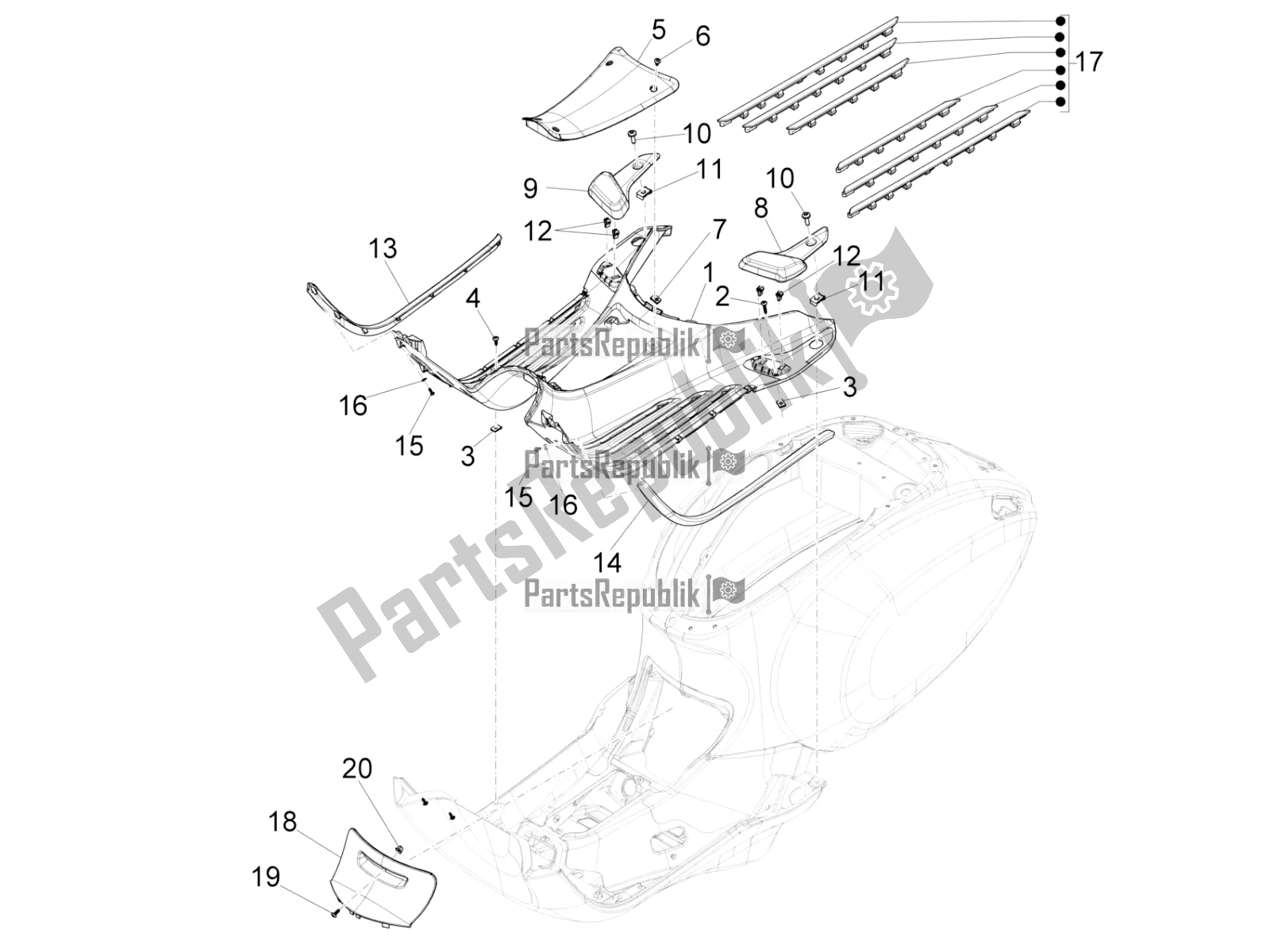 Alle onderdelen voor de Centrale Afdekking - Voetsteunen van de Vespa Sprint 150 Iget Abs/no ABS Apac 2019