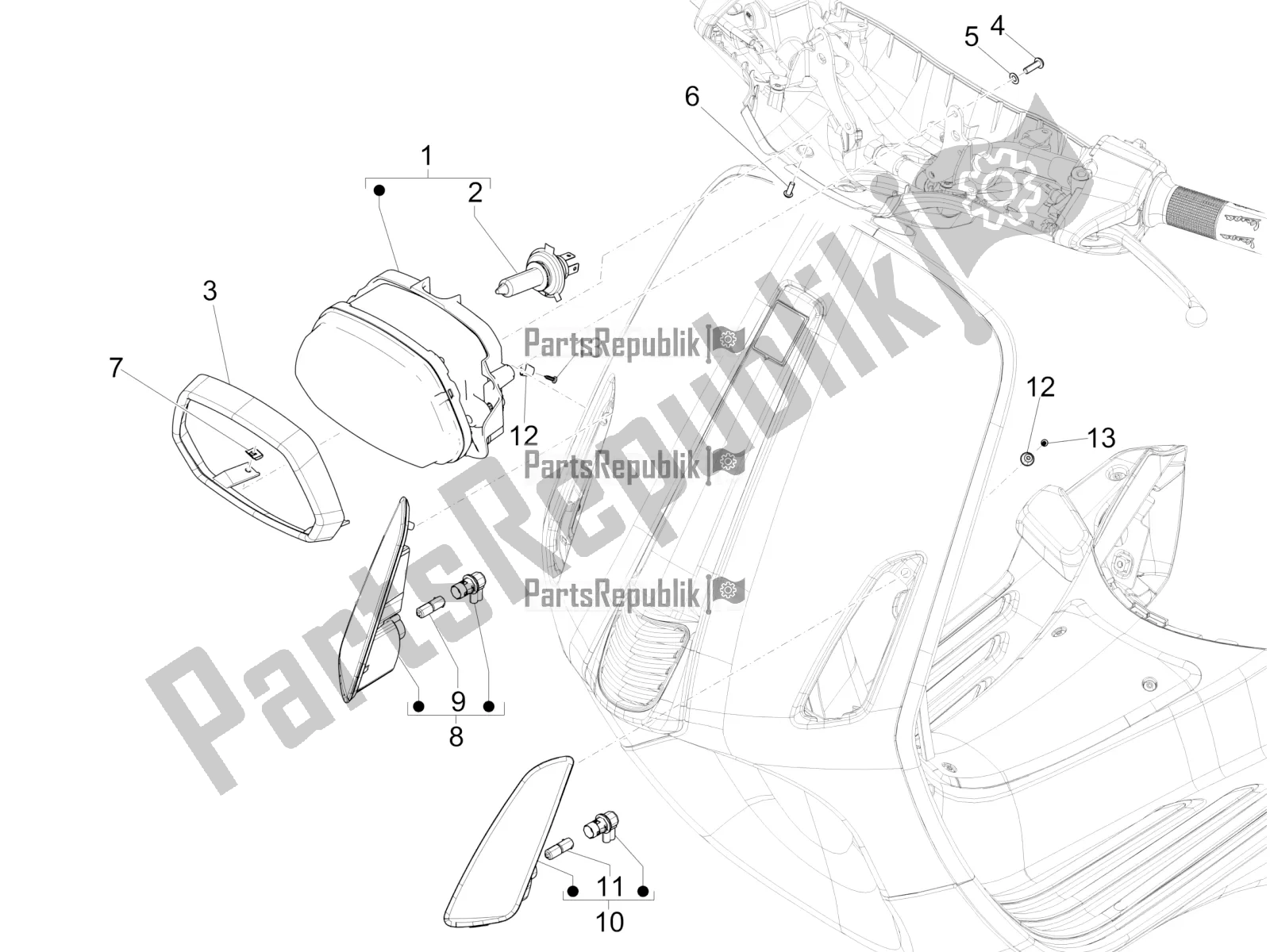 All parts for the Front Headlamps - Turn Signal Lamps of the Vespa Sprint 150 Iget Abs/no ABS Apac 2019