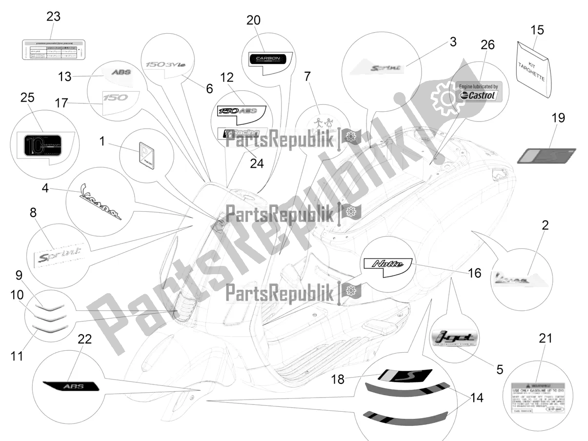 Alle onderdelen voor de Borden - Emblemen van de Vespa Sprint 150 Iget Abs/no ABS Apac 2019