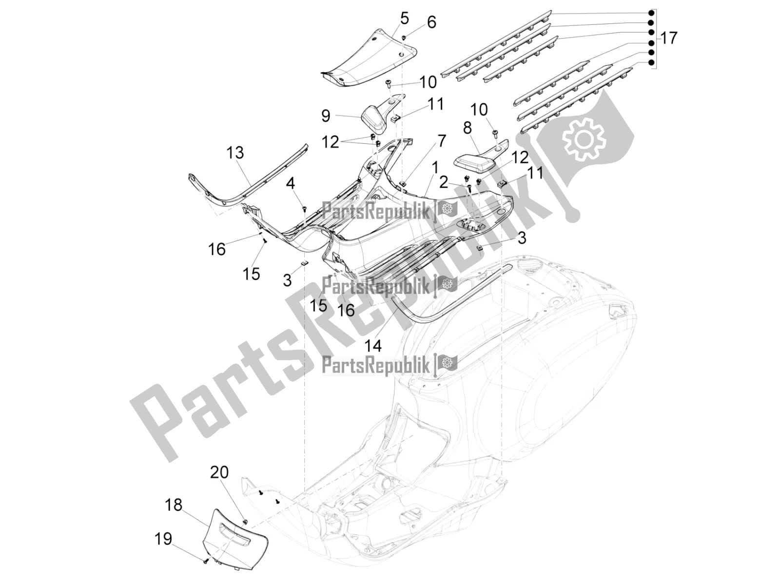 All parts for the Central Cover - Footrests of the Vespa Sprint 150 Iget Abs/no ABS Apac 2020