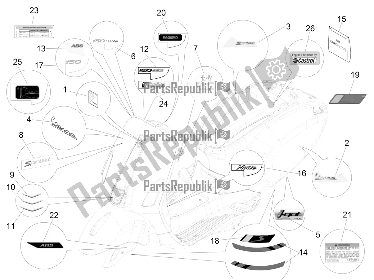 Toutes les pièces pour le Plaques - Emblèmes du Vespa Sprint 150 Iget Abs/no ABS Apac 2020