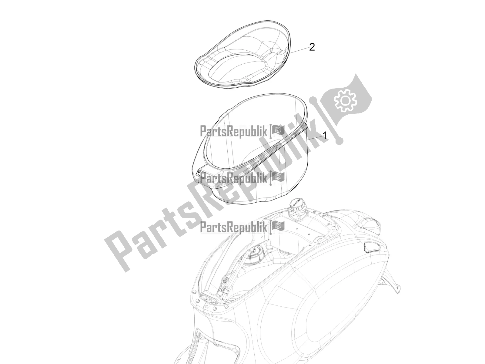 Alle onderdelen voor de Helmhuis - Onder Het Zadel van de Vespa Sprint 150 Iget Abs/no ABS Apac 2021