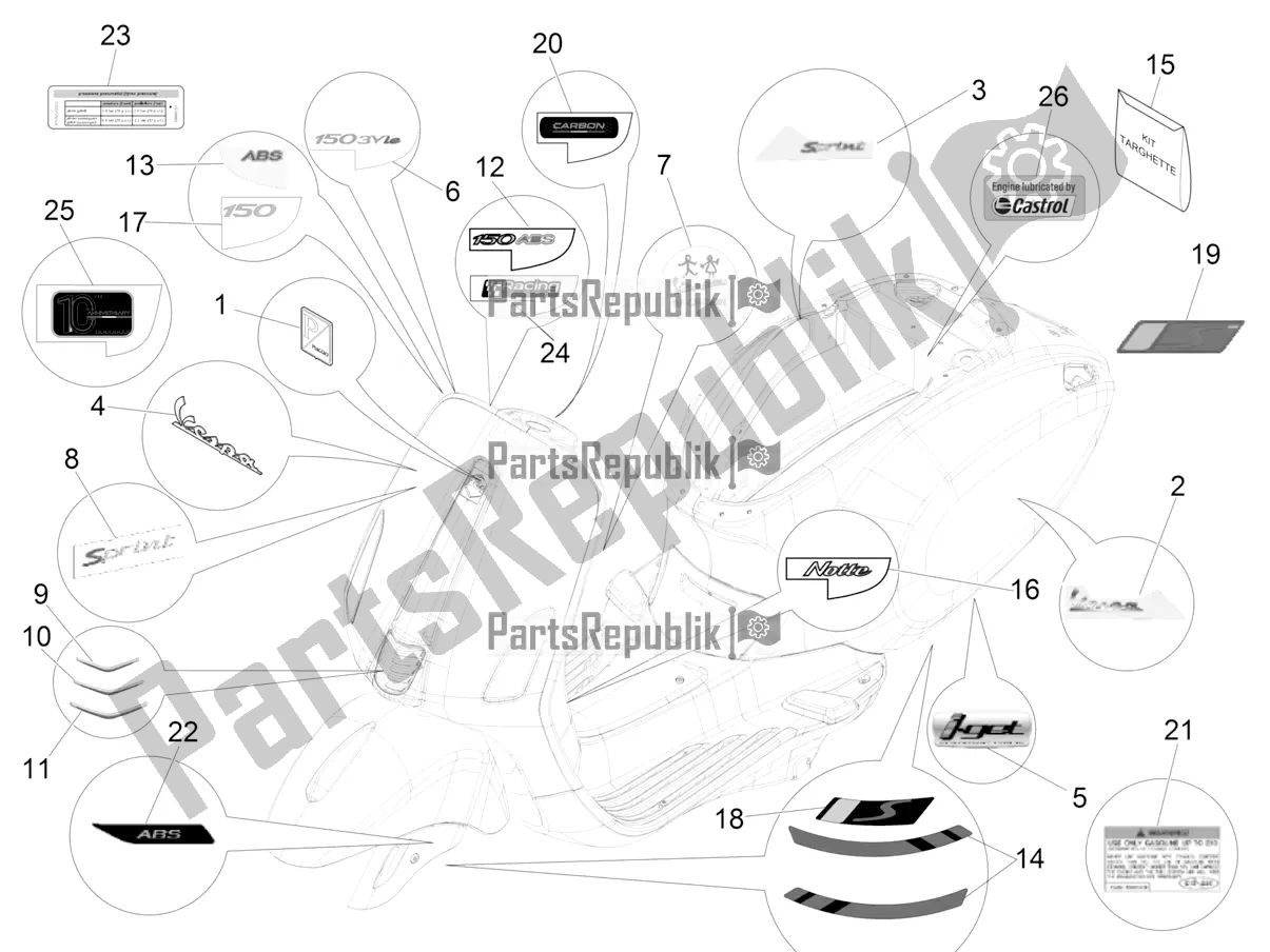 Alle onderdelen voor de Borden - Emblemen van de Vespa Sprint 150 Iget Abs/no ABS Apac 2021