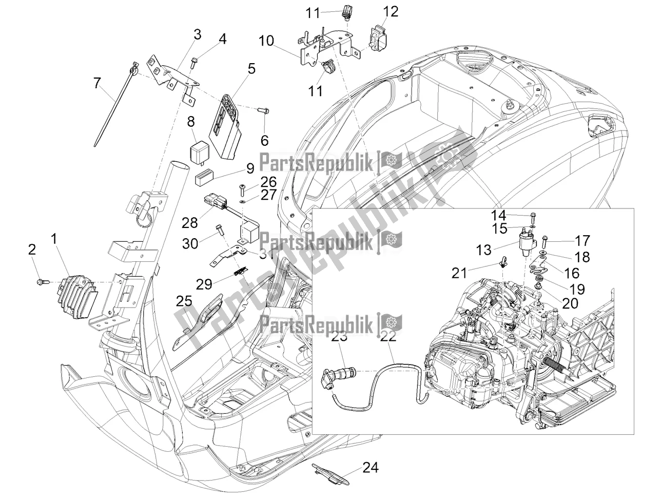 Alle onderdelen voor de Spanningsregelaars - Elektronische Regeleenheden (ecu) - H. T. Spoel van de Vespa Sprint 150 Iget Abs/no ABS Apac 2021