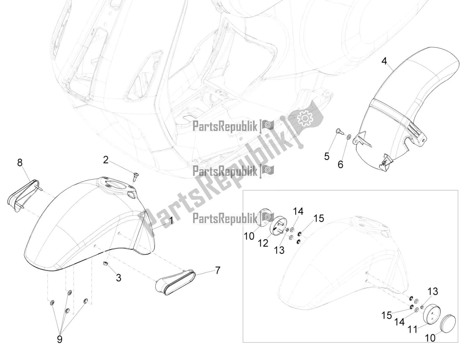 Todas as partes de Alojamento Da Roda - Guarda-lamas do Vespa Sprint 150 Iget Abs/no ABS Apac 2021