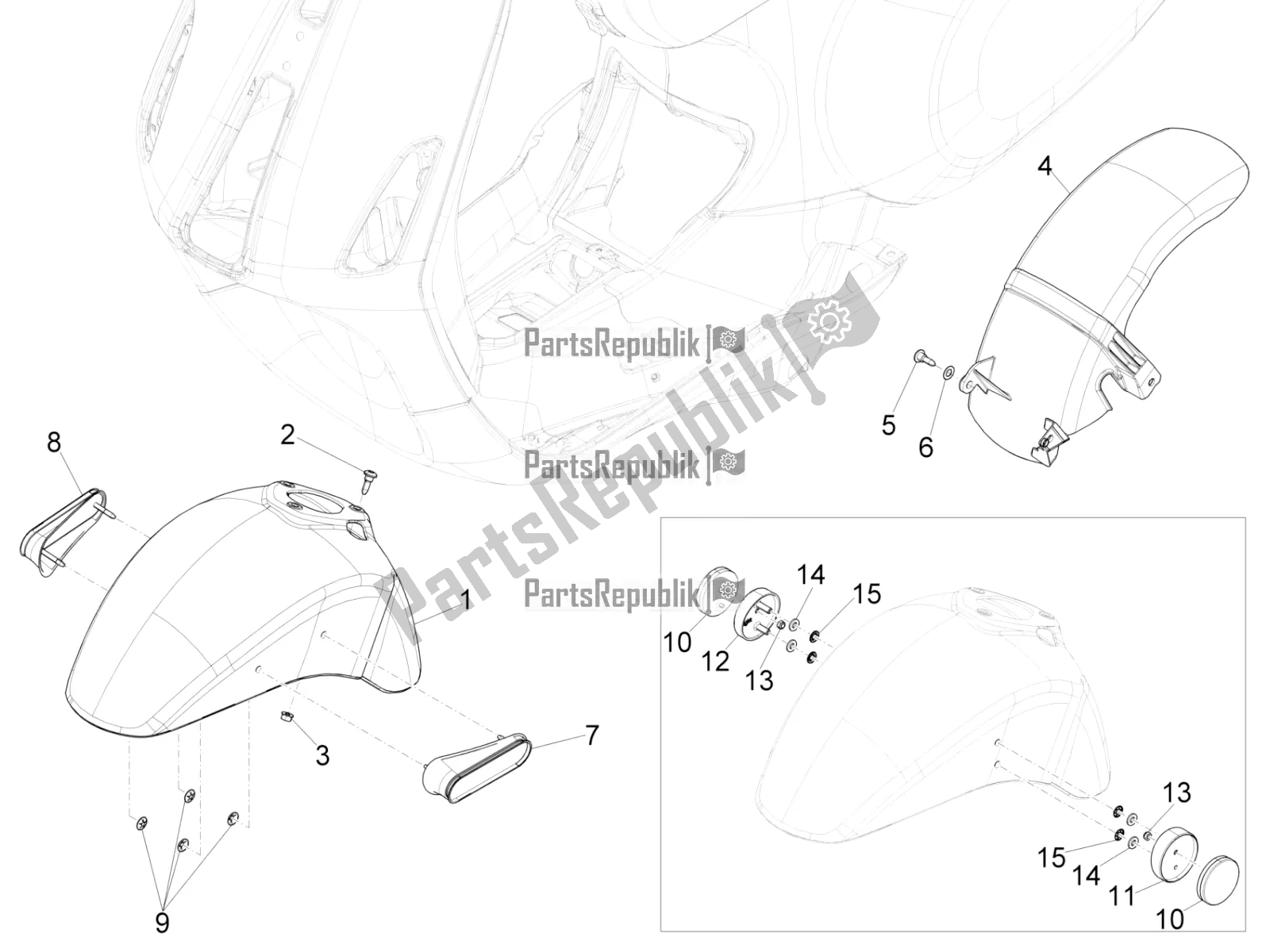 Alle onderdelen voor de Wielkast - Spatbord van de Vespa Sprint 150 Iget Abs/no ABS Apac 2021