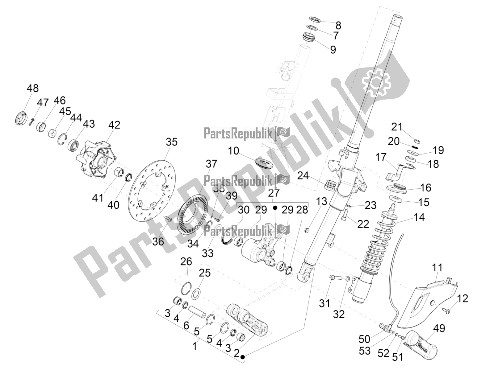 Toutes les pièces pour le Fourche / Tube De Direction - Palier De Direction du Vespa Sprint 150 Iget ABS USA 2016