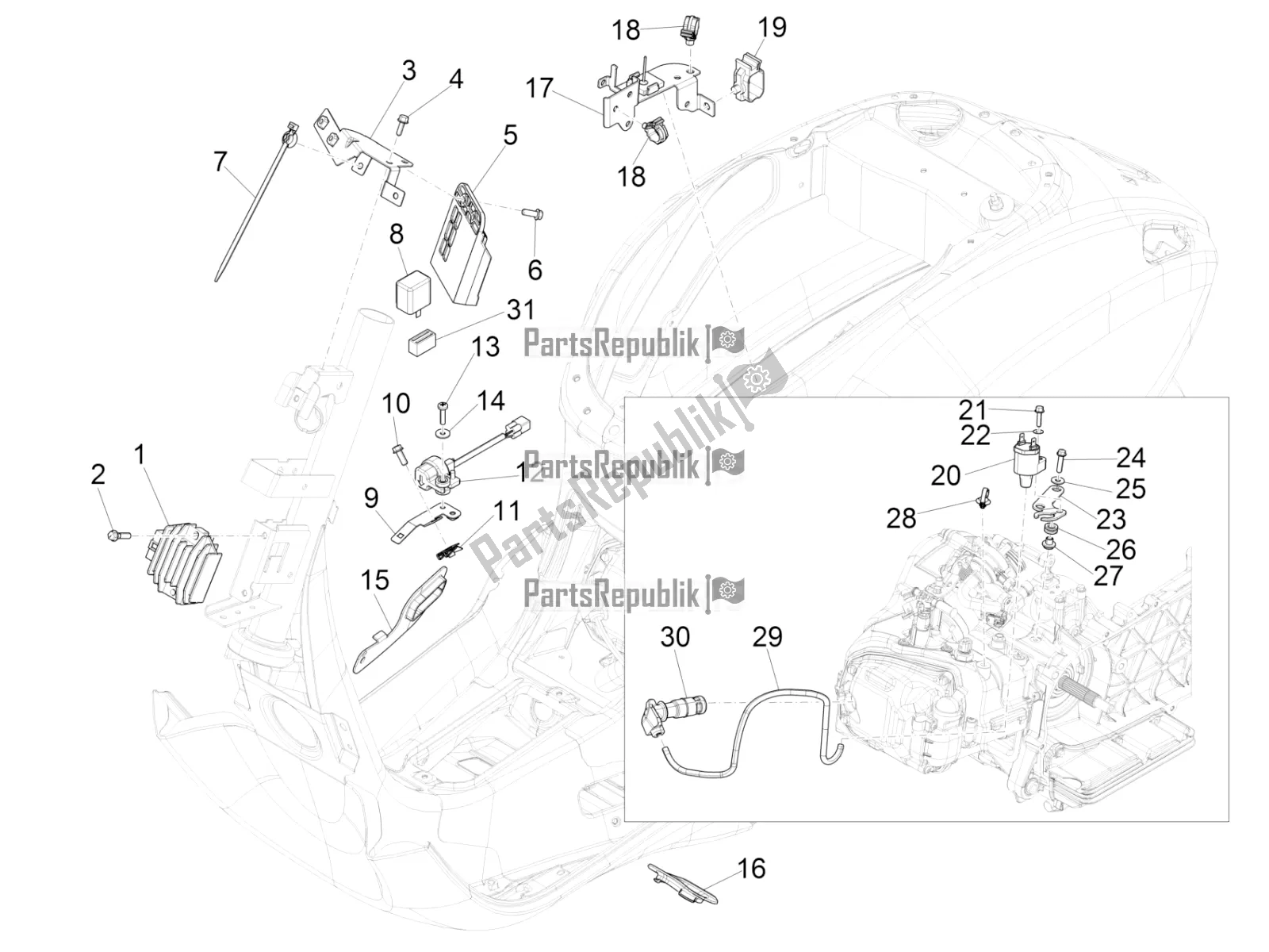 Alle onderdelen voor de Spanningsregelaars - Elektronische Regeleenheden (ecu) - H. T. Spoel van de Vespa Sprint 150 Iget ABS USA 2016