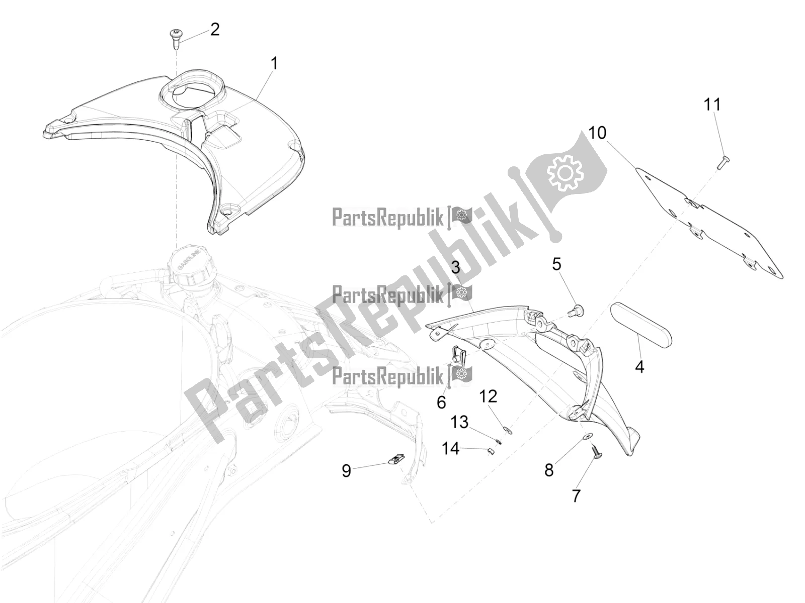 Toutes les pièces pour le Capot Arrière - Protection Contre Les éclaboussures du Vespa Sprint 150 Iget ABS USA 2018