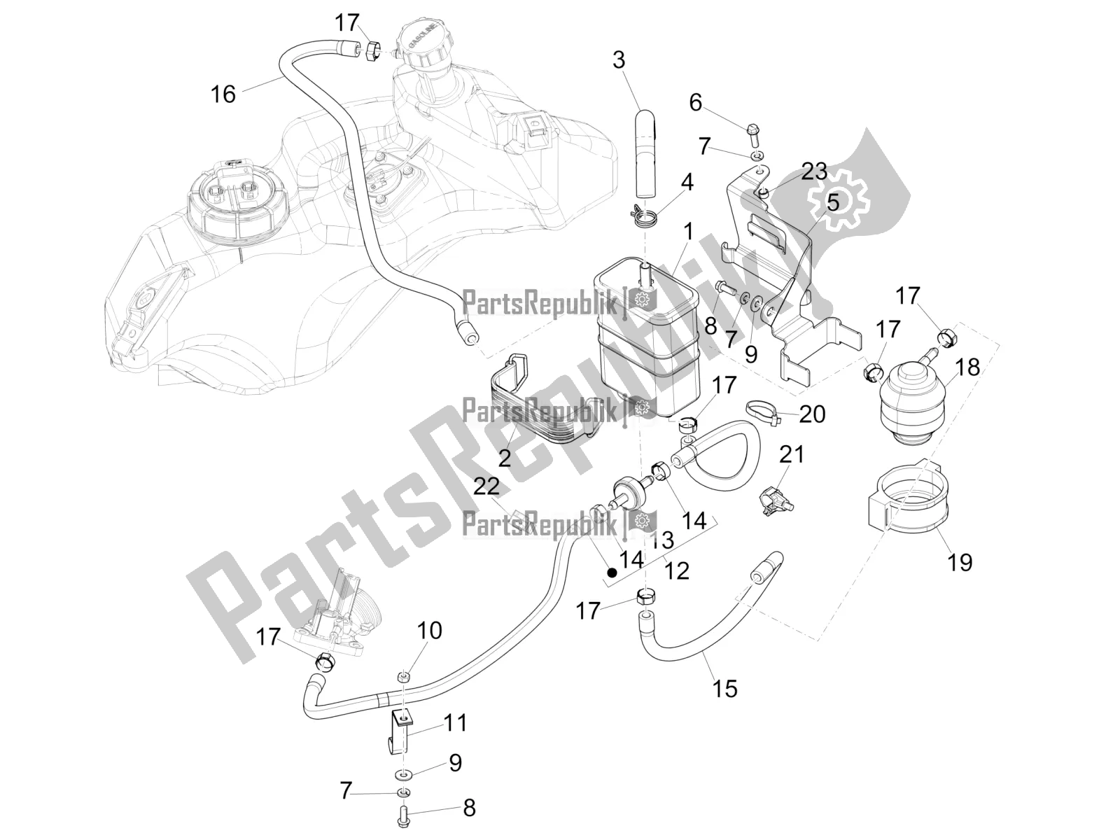 Alle onderdelen voor de Anti-percolatiesysteem van de Vespa Sprint 150 Iget ABS USA 2019