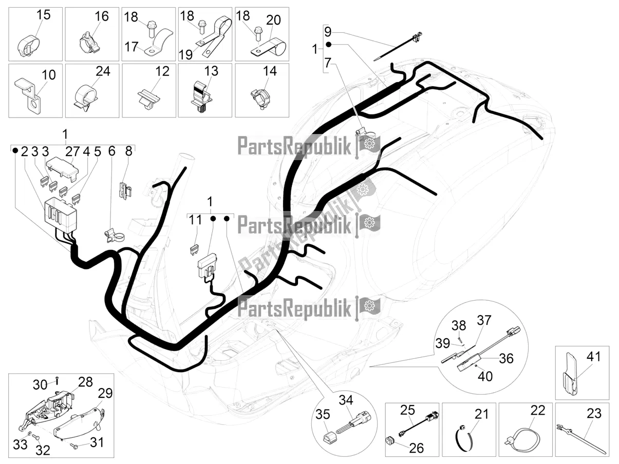 Alle onderdelen voor de Hoofdkabelboom van de Vespa Sprint 150 Iget ABS USA 2019