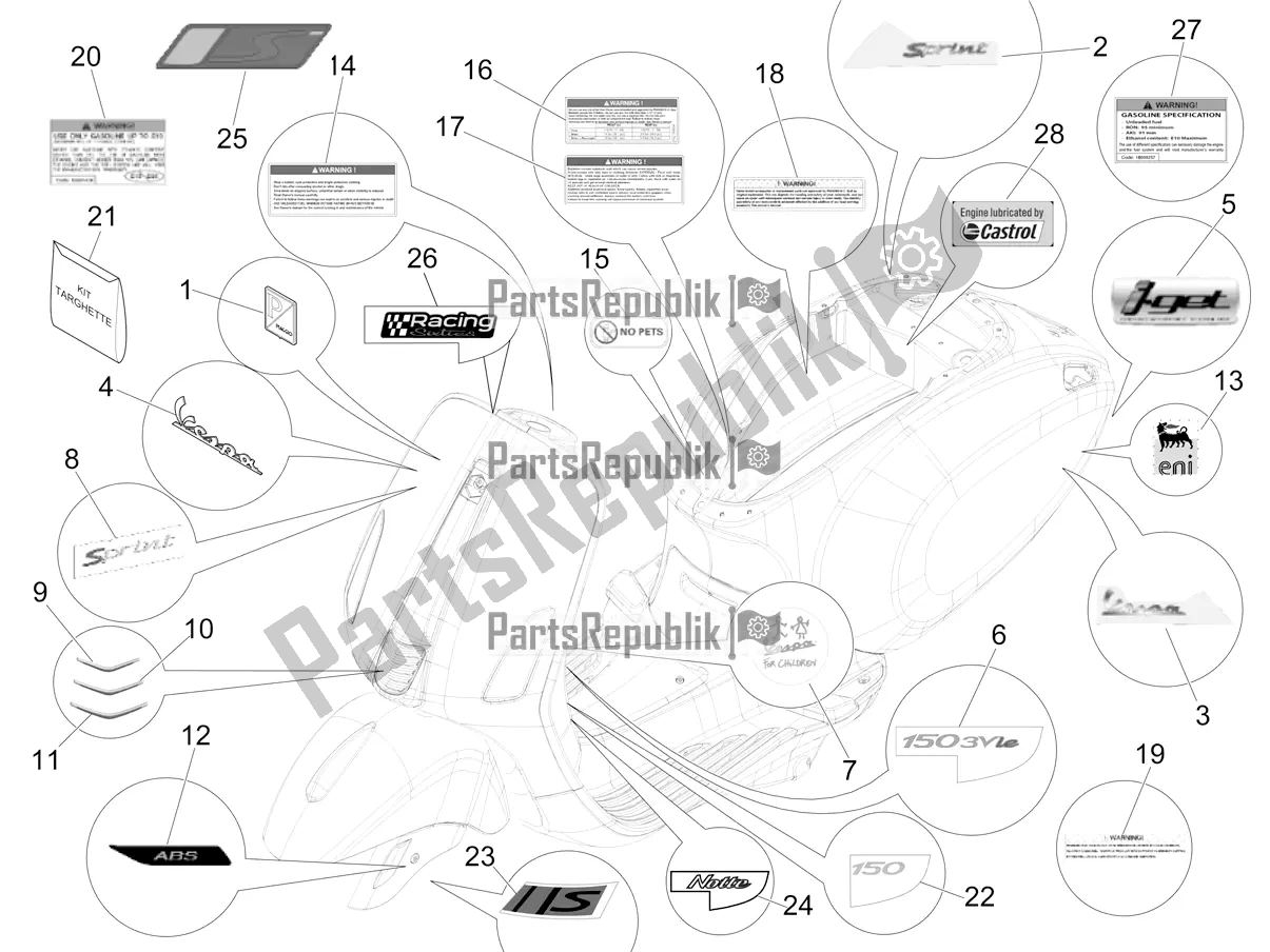 Alle onderdelen voor de Borden - Emblemen van de Vespa Sprint 150 Iget ABS USA 2019