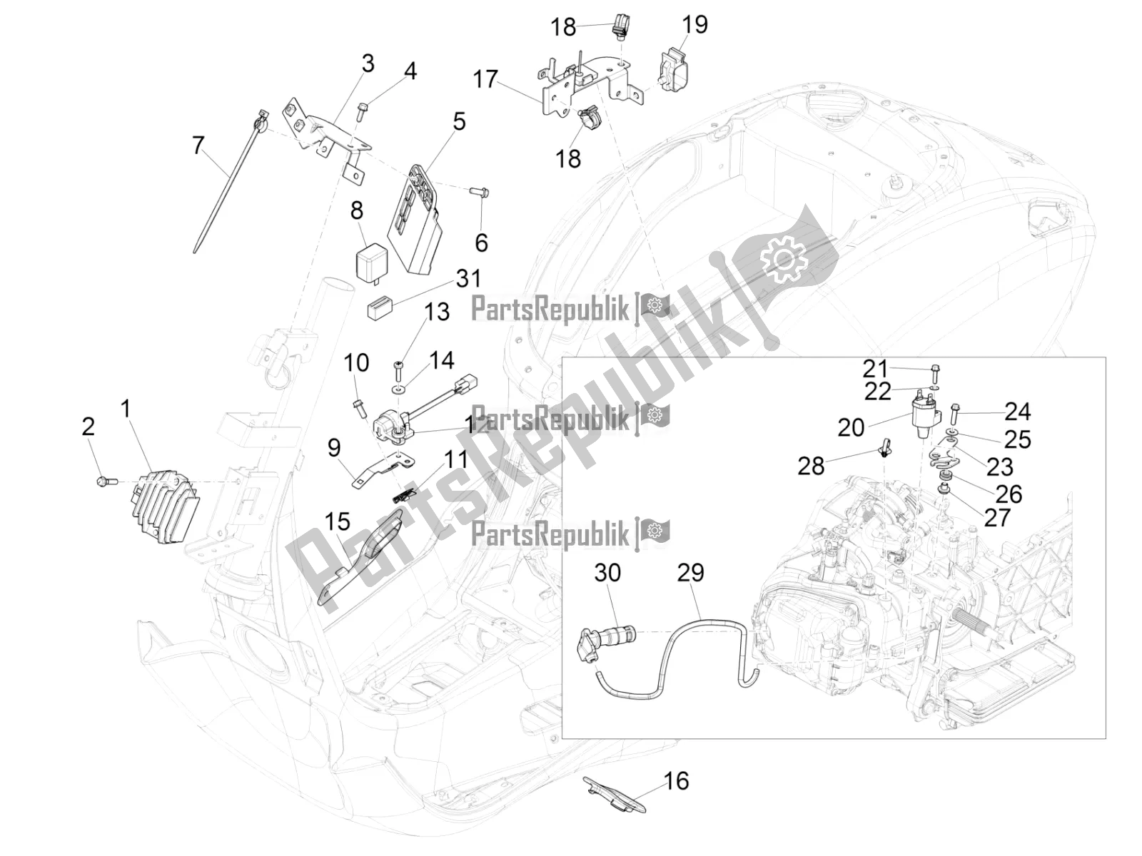 Alle onderdelen voor de Spanningsregelaars - Elektronische Regeleenheden (ecu) - H. T. Spoel van de Vespa Sprint 150 Iget ABS USA 2019