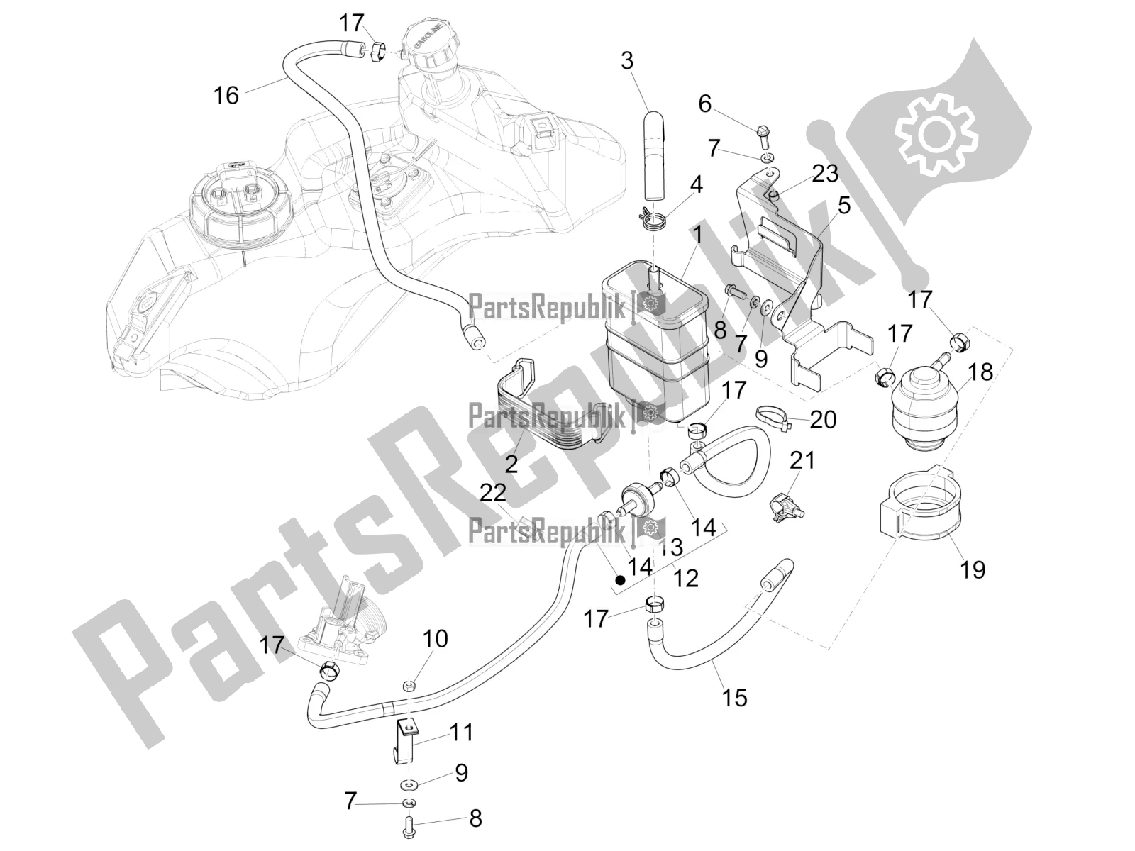 Alle onderdelen voor de Anti-percolatiesysteem van de Vespa Sprint 150 Iget ABS USA 2020