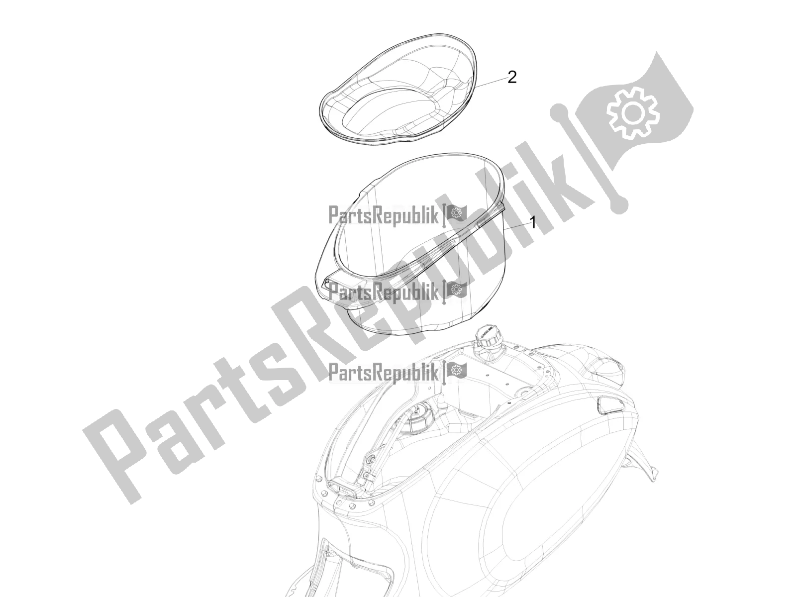 Alle onderdelen voor de Helmhuis - Onder Het Zadel van de Vespa Sprint 150 Iget ABS USA 2020