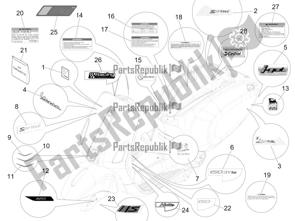 Alle onderdelen voor de Borden - Emblemen van de Vespa Sprint 150 Iget ABS USA 2020