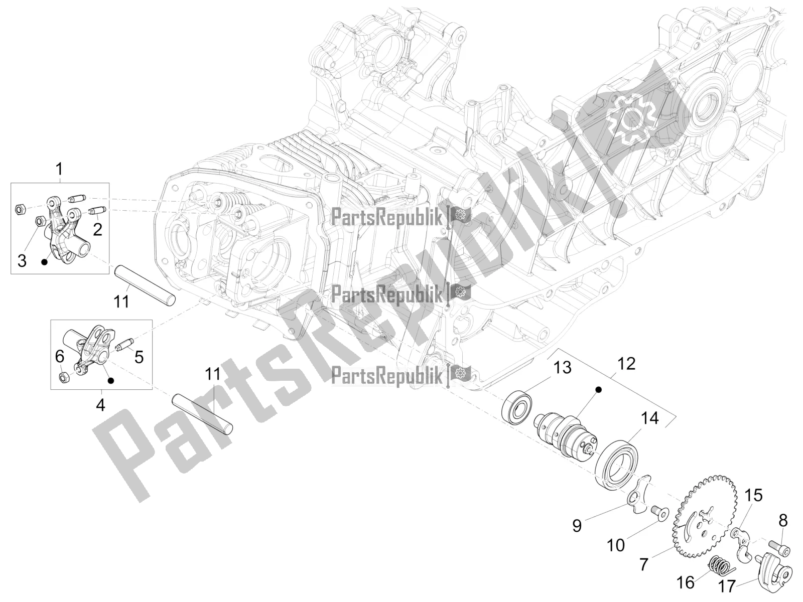 All parts for the Rocking Levers Support Unit of the Vespa Sprint 150 Iget ABS USA 2020