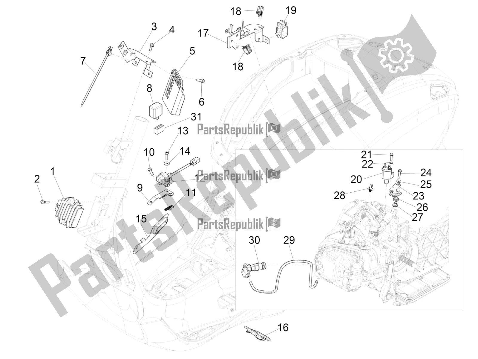 Alle onderdelen voor de Spanningsregelaars - Elektronische Regeleenheden (ecu) - H. T. Spoel van de Vespa Sprint 150 Iget ABS USA 2020