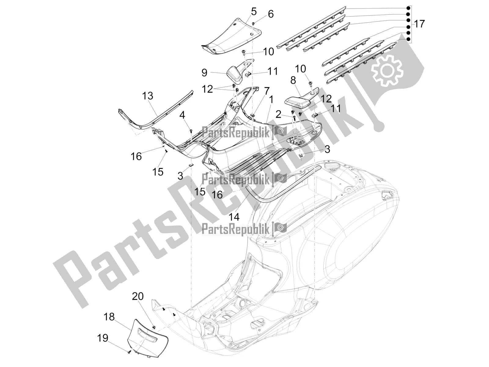 All parts for the Central Cover - Footrests of the Vespa Sprint 150 Iget ABS USA 2021