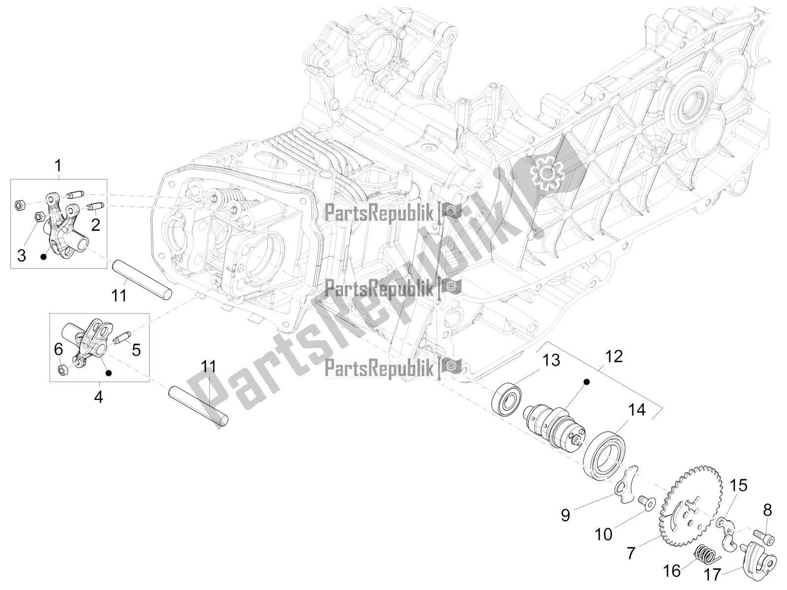 All parts for the Rocking Levers Support Unit of the Vespa Sprint 150 Iget ABS USA 2021