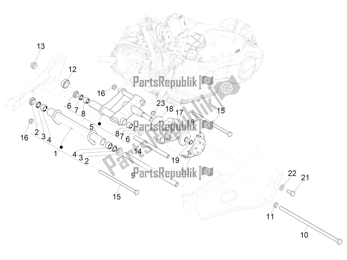 All parts for the Swinging Arm of the Vespa Sprint 150 Iget ABS USA 2021