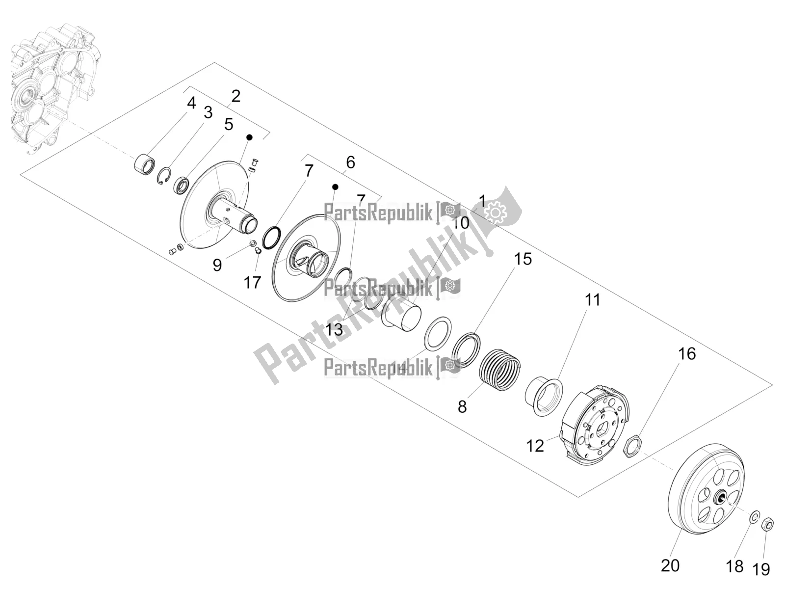 All parts for the Driven Pulley of the Vespa Sprint 150 Iget ABS USA 2022