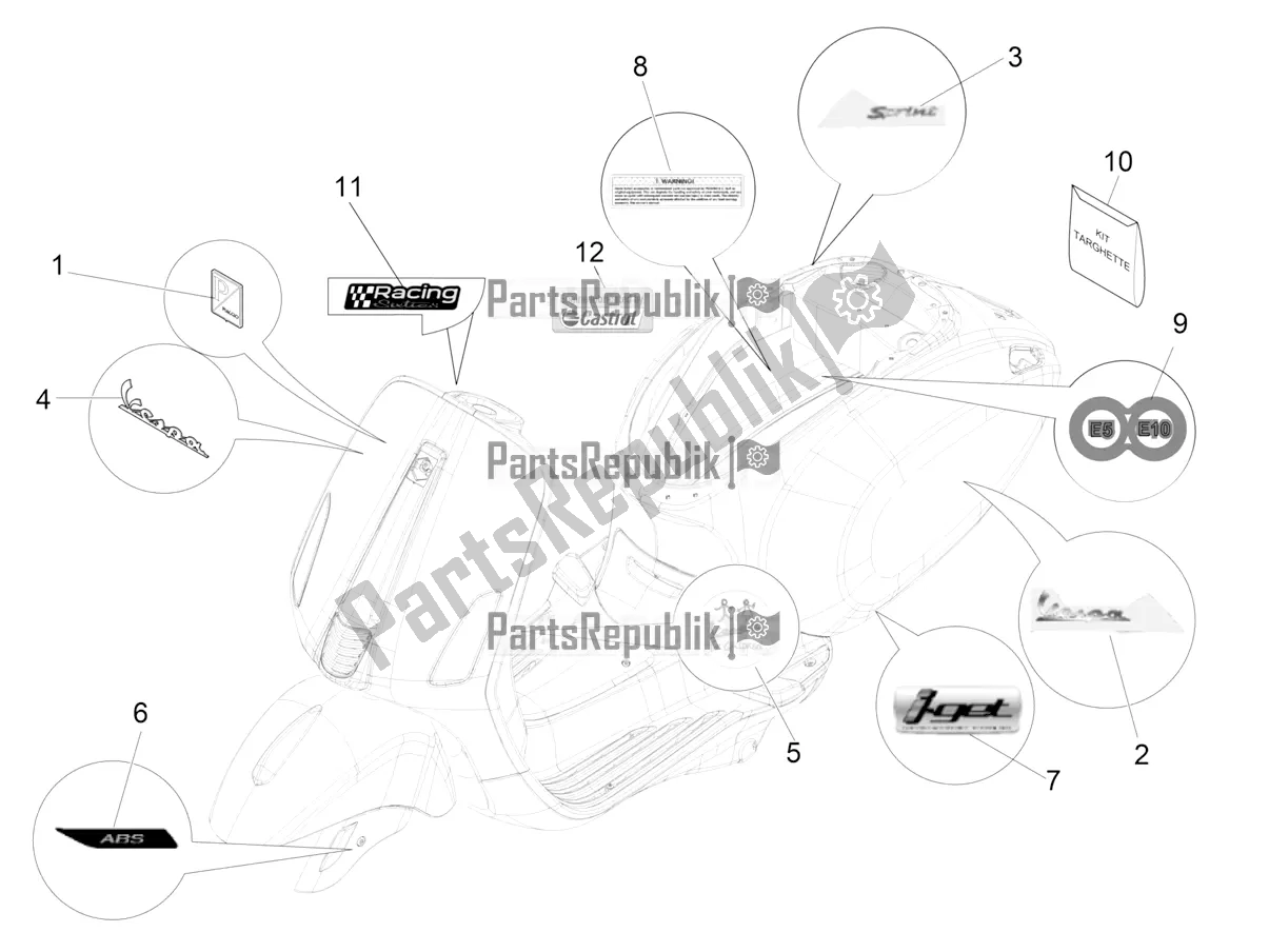 Todas as partes de Placas - Emblemas do Vespa Sprint 150 Racing Sixties 2021