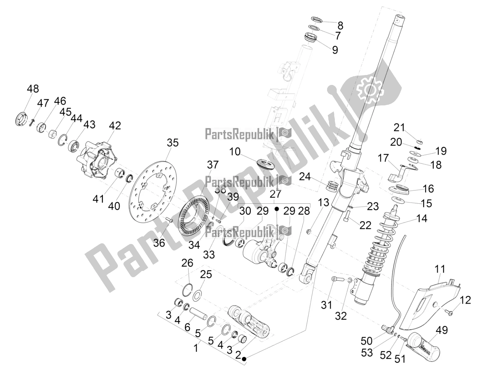 All parts for the Fork/steering Tube - Steering Bearing Unit of the Vespa Sprint 150 Racing Sixties 2022