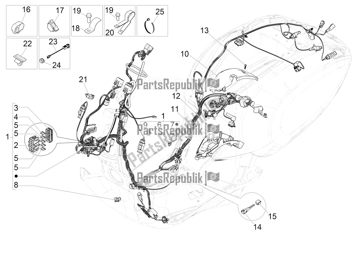 All parts for the Main Cable Harness of the Vespa Sprint 50 25 KM/H 2020