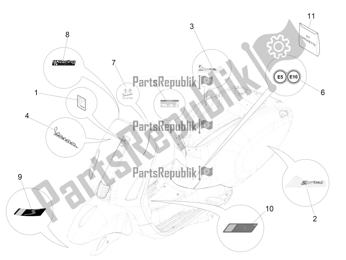 Alle onderdelen voor de Borden - Emblemen van de Vespa Sprint 50 25 KM/H 2021