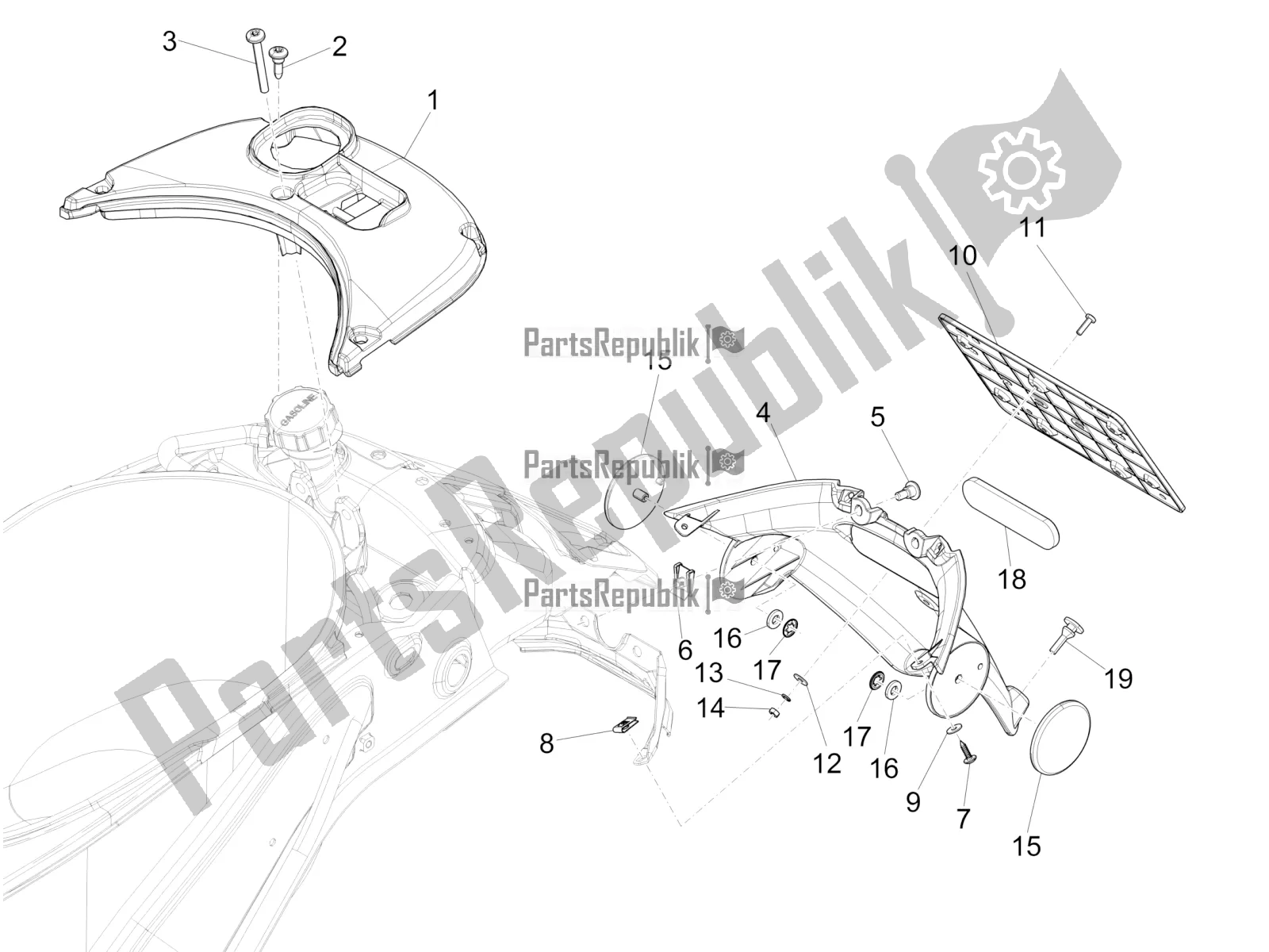 All parts for the Rear Cover - Splash Guard of the Vespa Sprint 50 2T 25 KM/H 2017