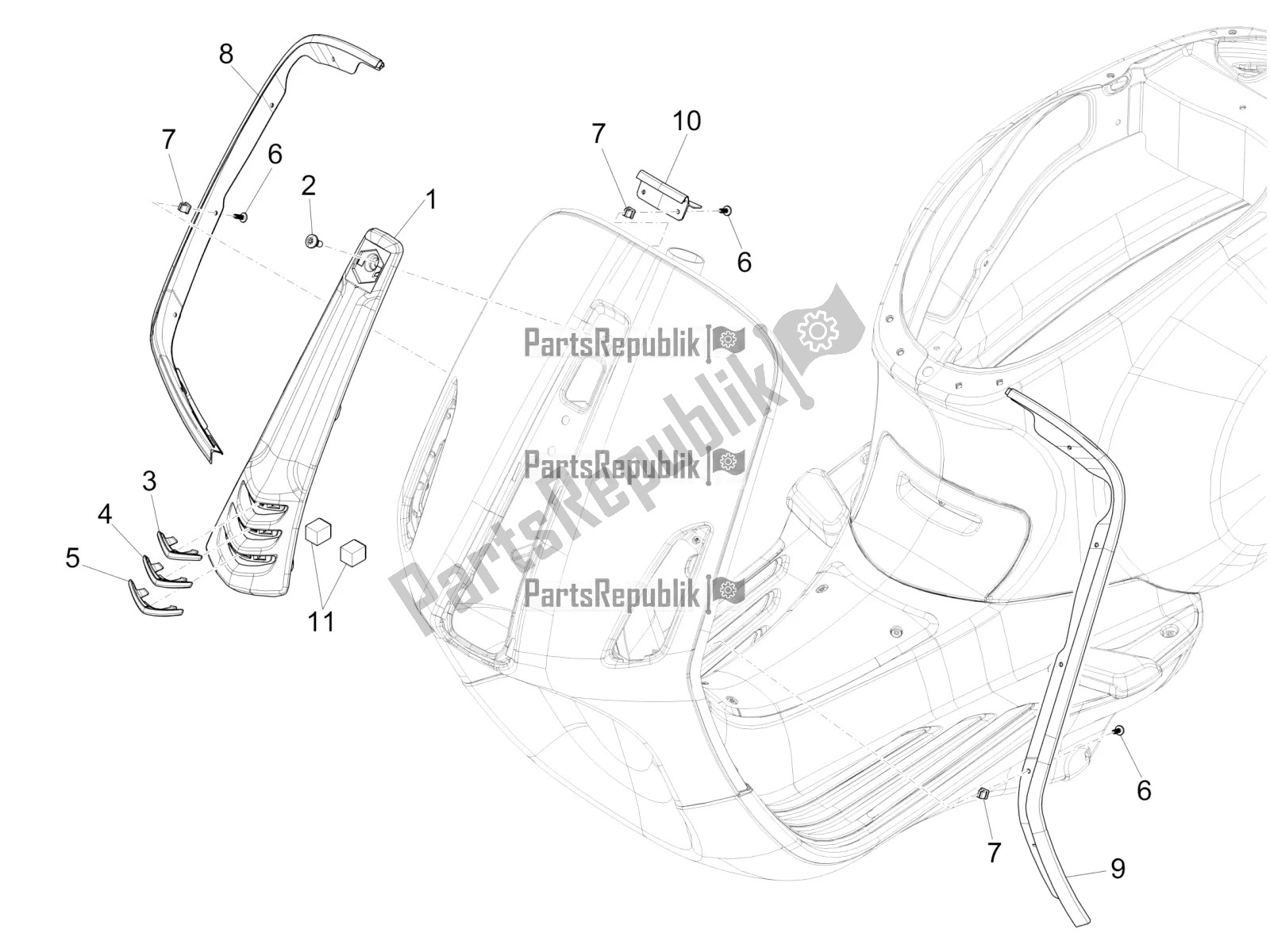 All parts for the Front Shield of the Vespa Sprint 50 2T 25 KM/H 2018