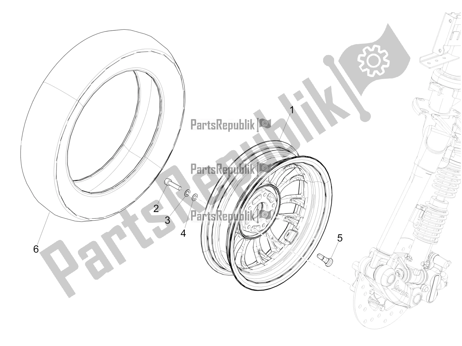 All parts for the Front Wheel of the Vespa Sprint 50 2T 2016