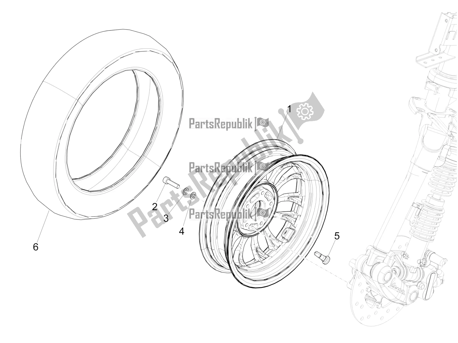 All parts for the Front Wheel of the Vespa Sprint 50 2T 2018