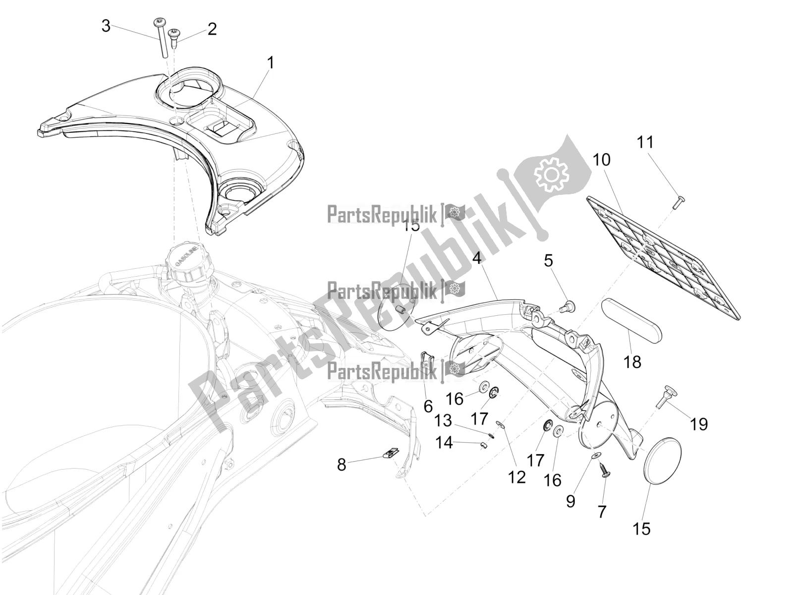 All parts for the Rear Cover - Splash Guard of the Vespa Sprint 50 2T 2018