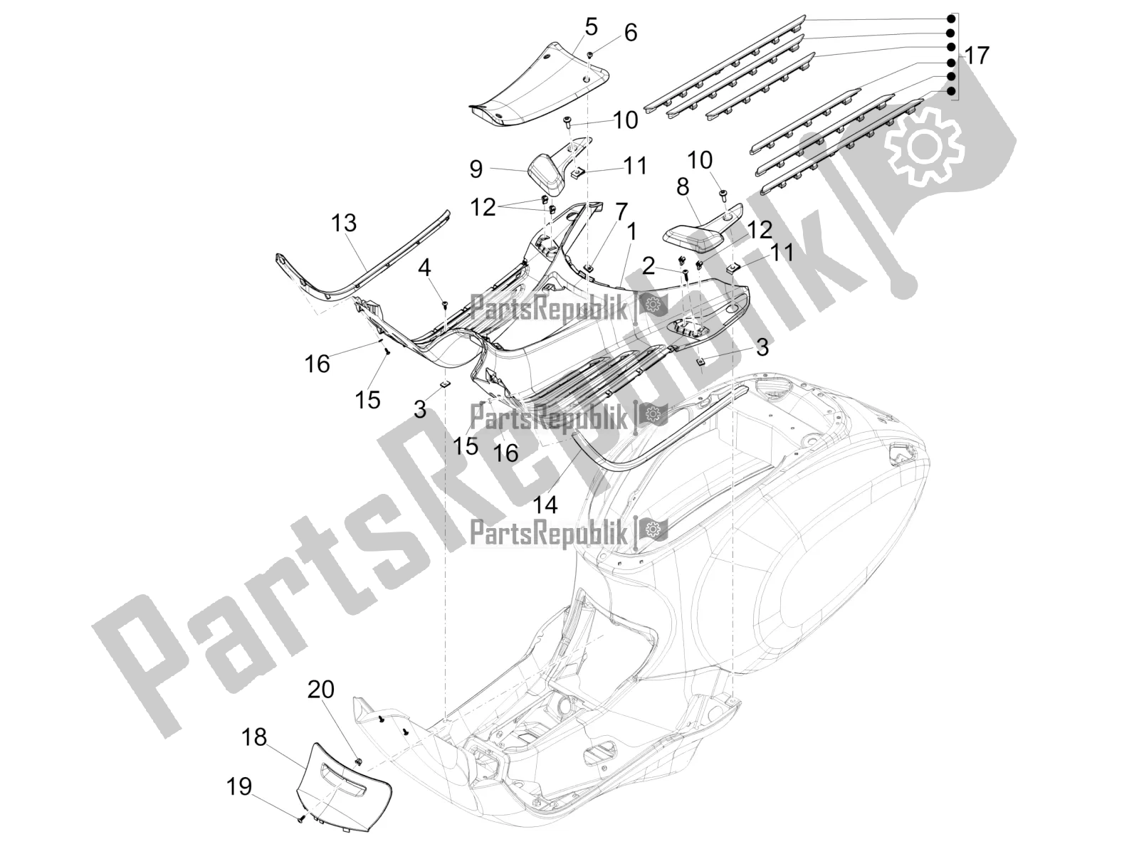 Toutes les pièces pour le Housse Centrale - Repose-pieds du Vespa Sprint 50 3V 25 KM/H E4 2020