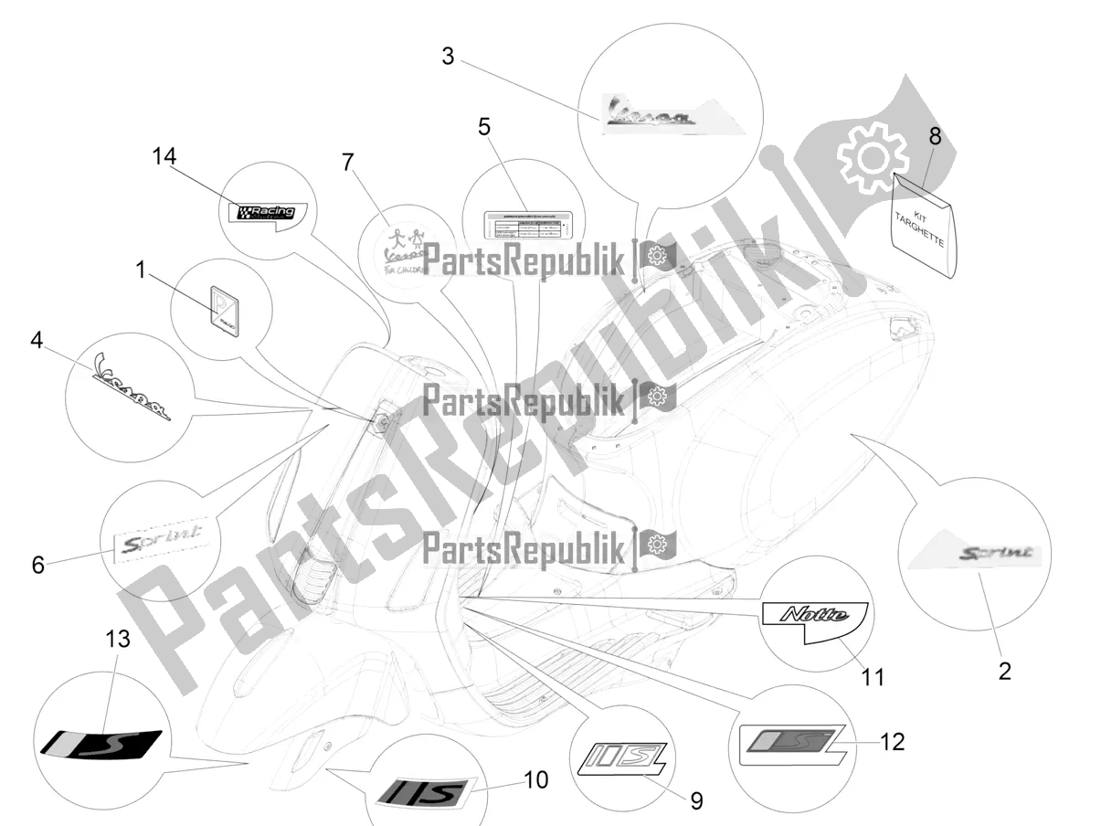 Toutes les pièces pour le Plaques - Emblèmes du Vespa Sprint 50 3V 25 KM/H E4 2020