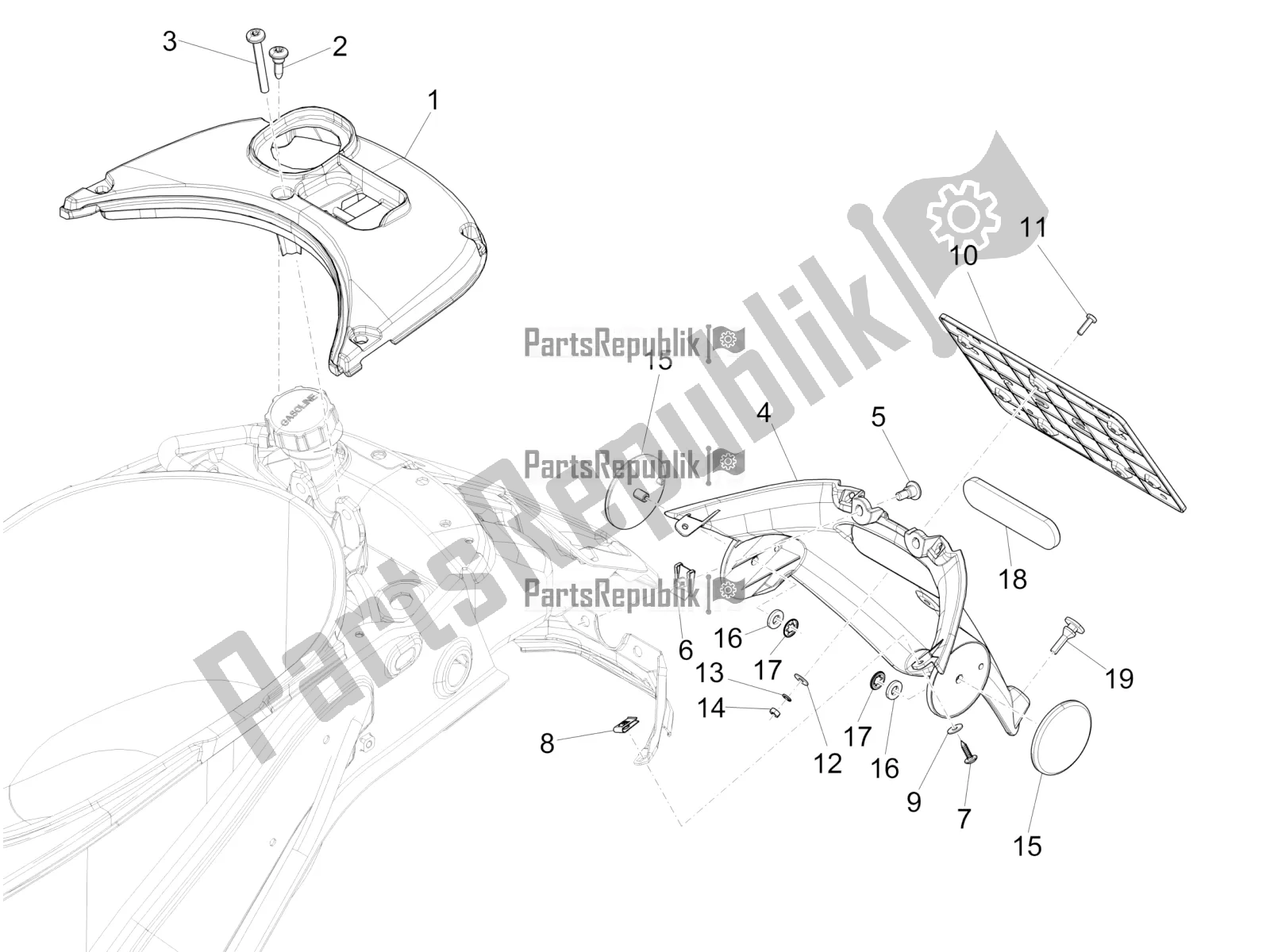 Toutes les pièces pour le Capot Arrière - Protection Contre Les éclaboussures du Vespa Sprint 50 3V 25 KM/H E4 2020