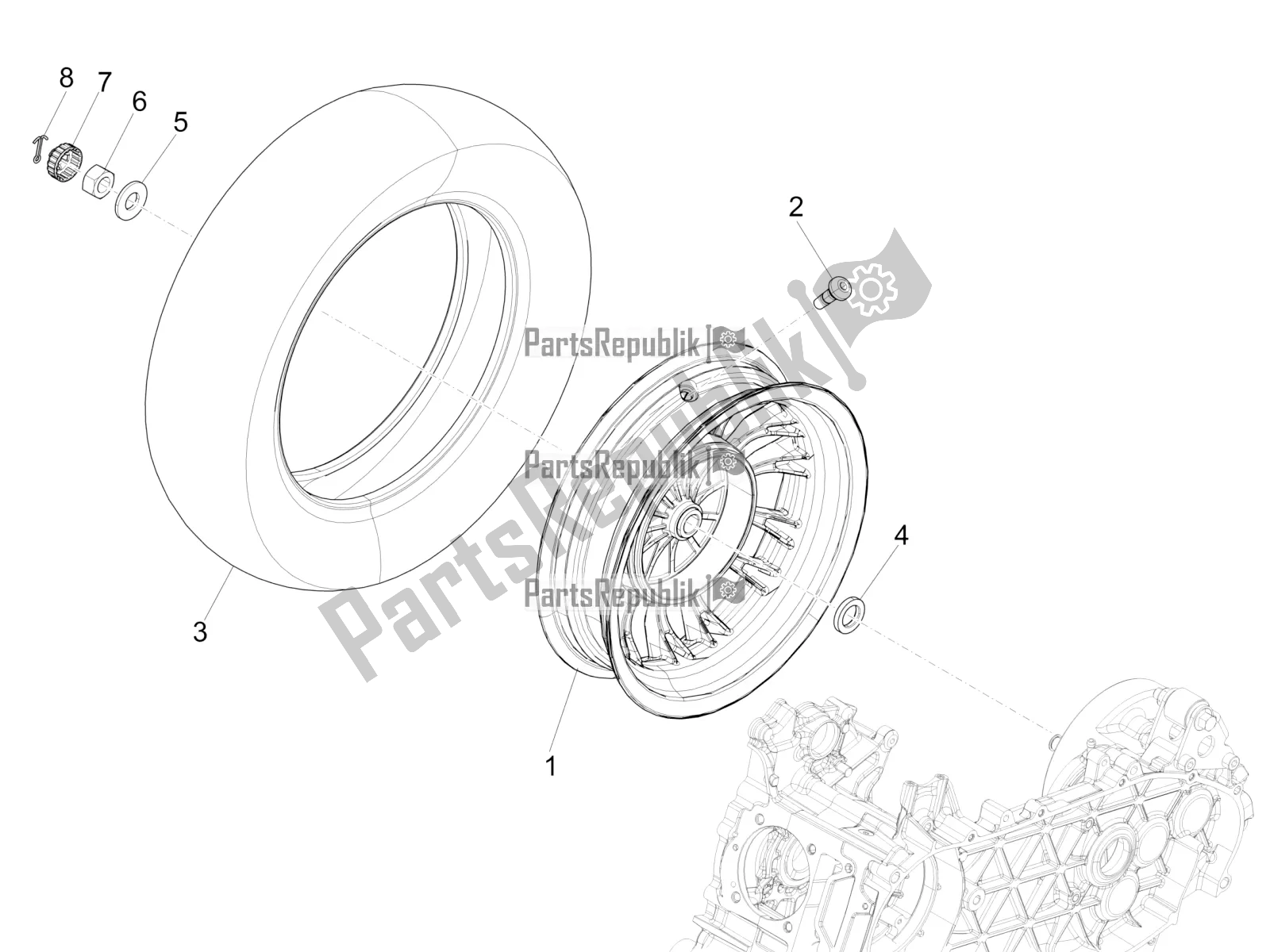 All parts for the Rear Wheel of the Vespa Sprint 50 3V 25 KM/H E4 2020