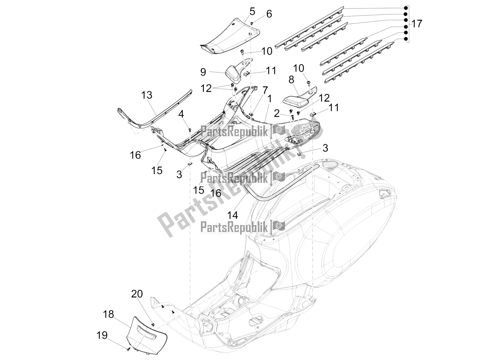 Todas las partes para Cubierta Central - Reposapiés de Vespa Sprint 50 4T 3V 25 KM/H 2017