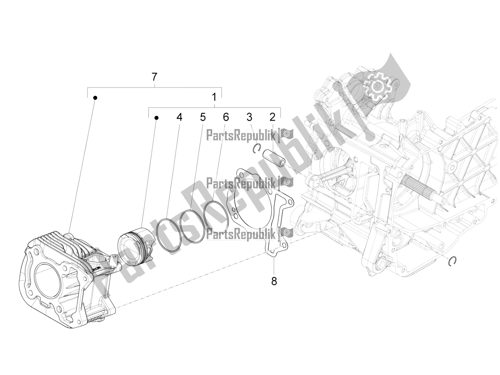 All parts for the Cylinder-piston-wrist Pin Unit of the Vespa Sprint 50 4T 3V 25 KM/H 2018