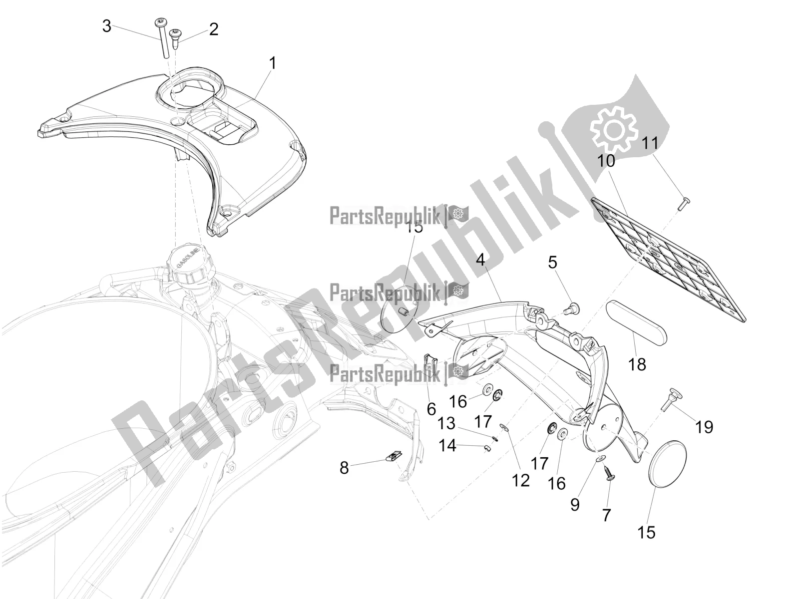 All parts for the Rear Cover - Splash Guard of the Vespa Sprint 50 4T 3V 2018