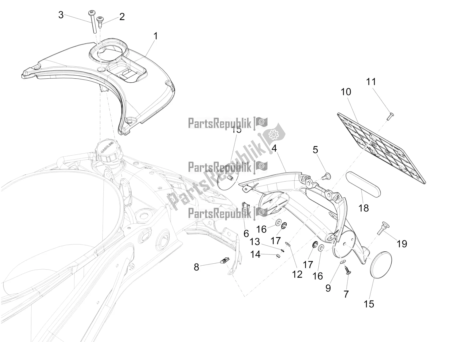 All parts for the Rear Cover - Splash Guard of the Vespa Sprint 50 4T 3V 2019