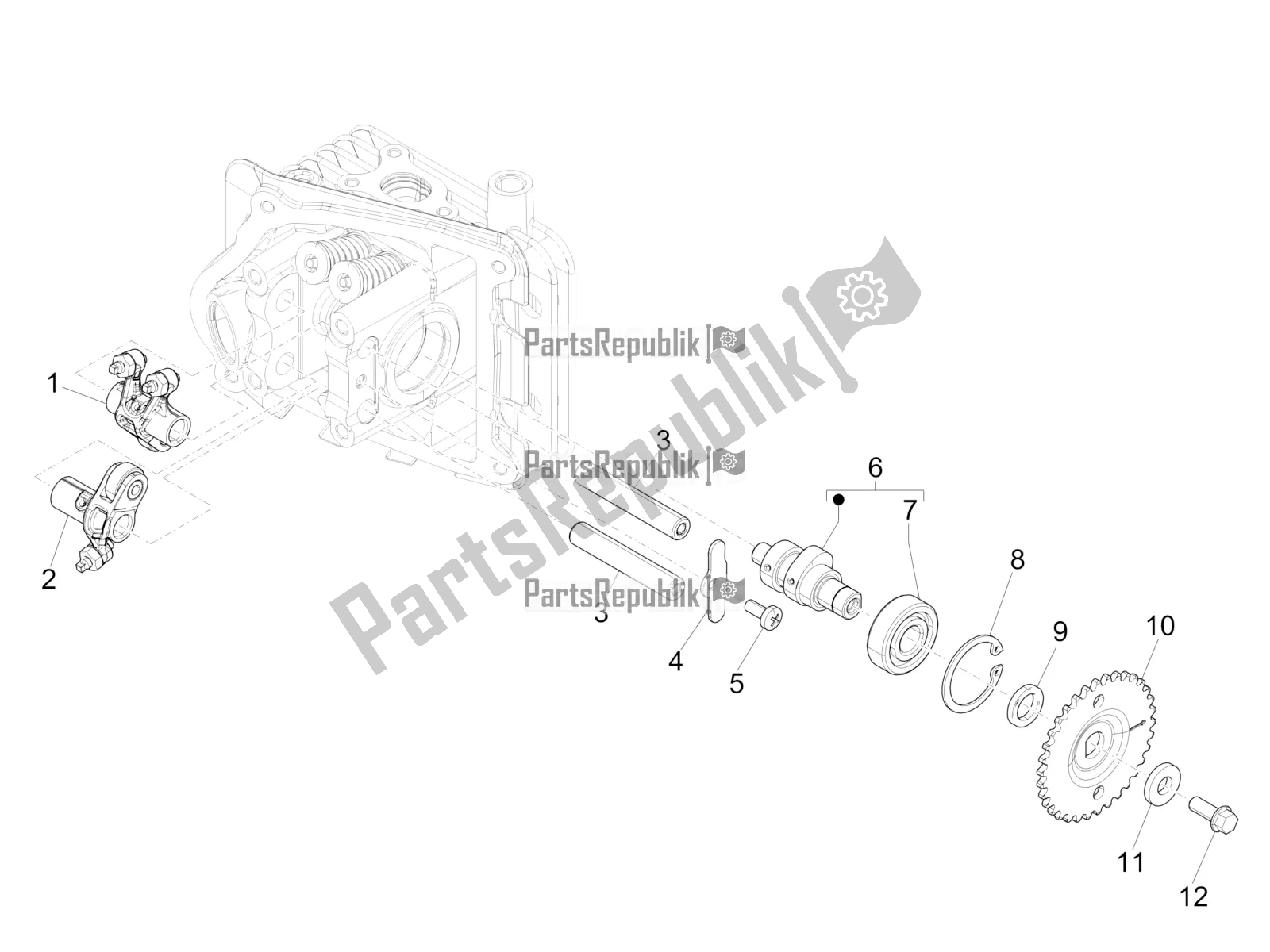 All parts for the Rocking Levers Support Unit of the Vespa Sprint 50 4T 3V 2019
