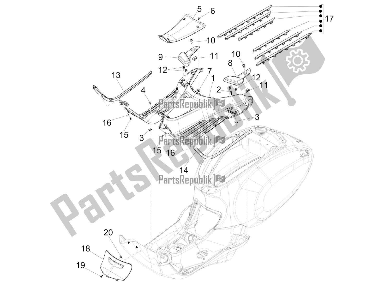 All parts for the Central Cover - Footrests of the Vespa Sprint 50 4 T/3V E2 USA 2019
