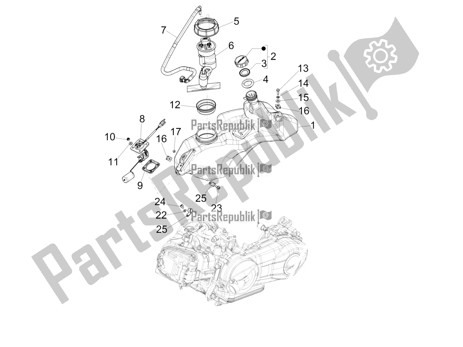 Tutte le parti per il Serbatoio Di Carburante del Vespa Sprint 50 4 T/3V E2 USA 2019